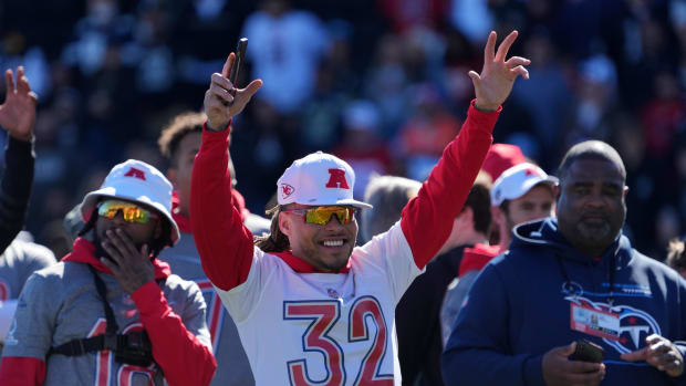 Feb 5, 2022; Las Vegas, NV, USA; Kansas City Chiefs safety Tyrann Mathieu celebrates during AFC practice at the Las Vegas Ballpark. Mandatory Credit: Kirby Lee-USA TODAY Sports